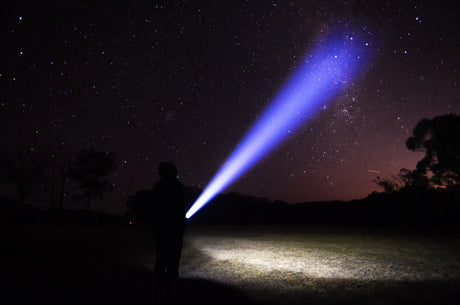 Bright blue beam of light cutting through a starry night sky.
