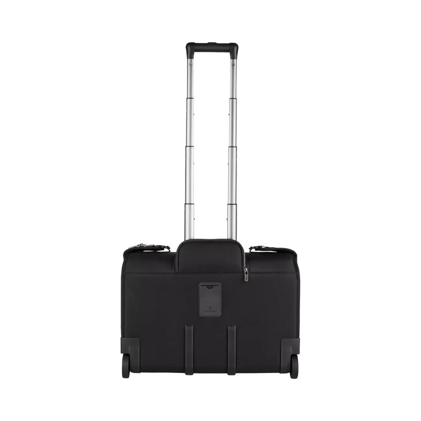 Black rolling briefcase with an extendable handle.