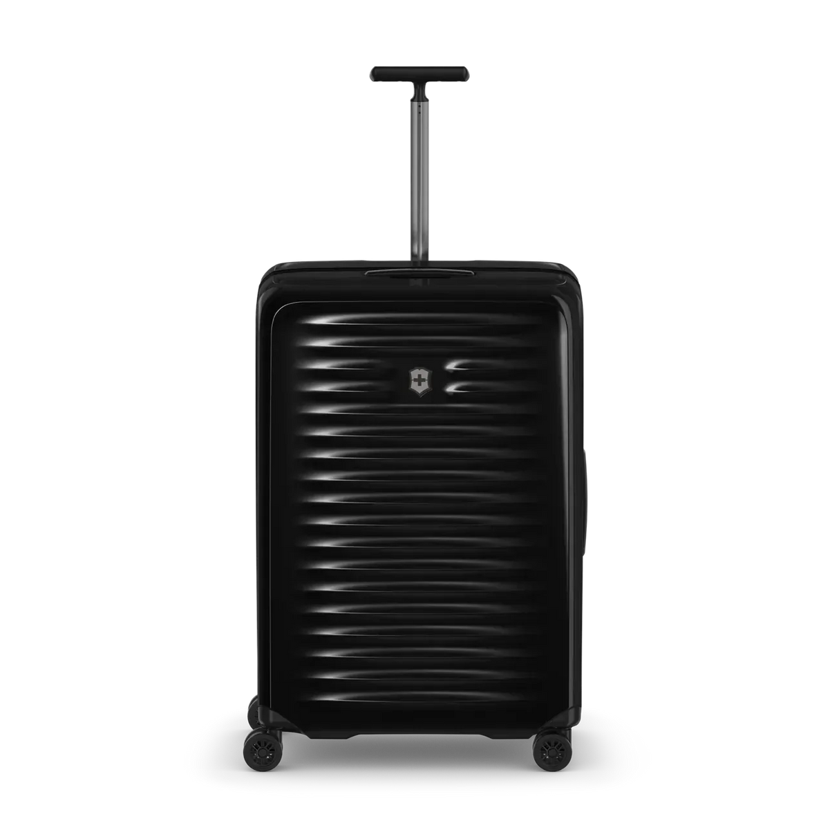 Black hard-shell rolling suitcase with horizontal ridges and an extendable handle.