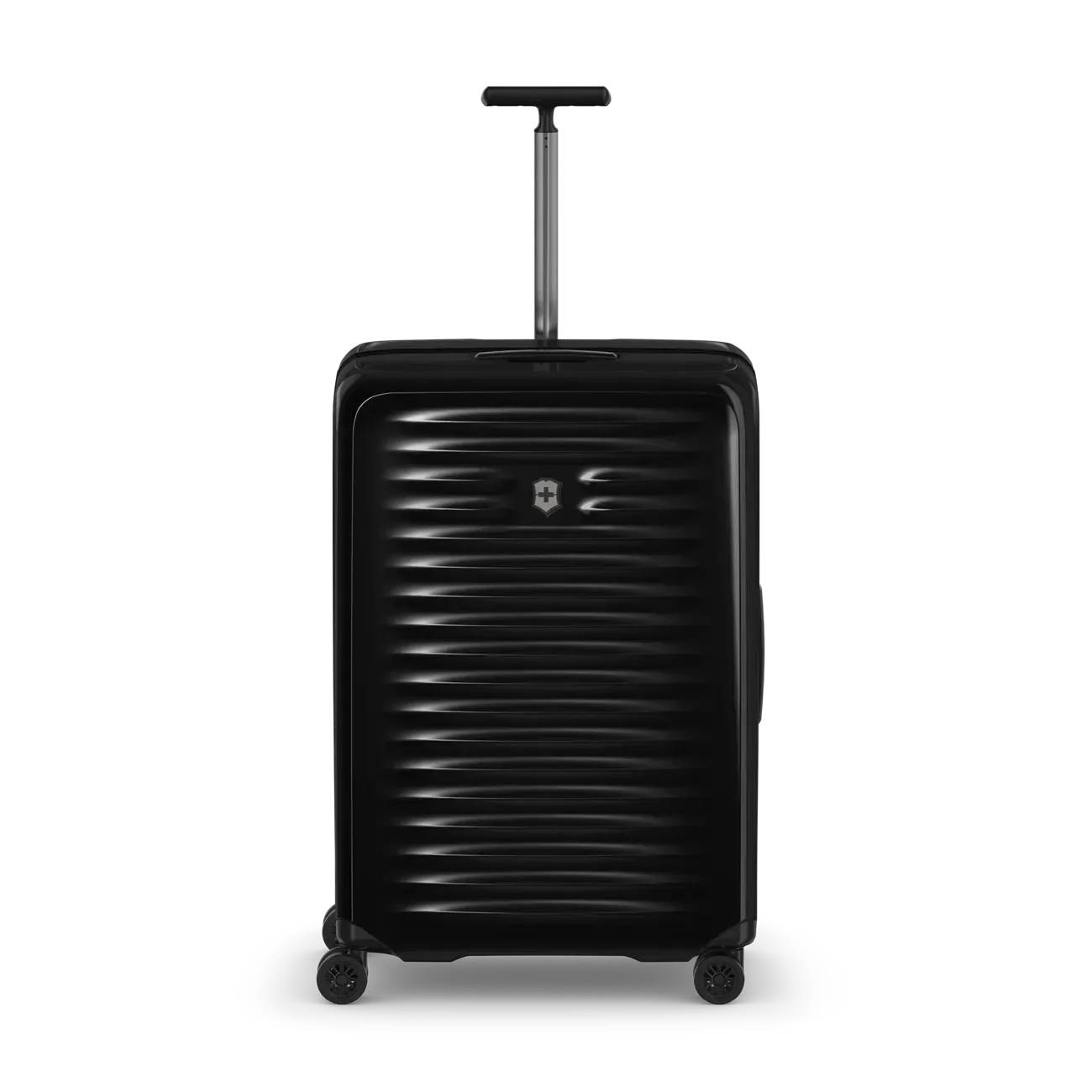 Black hard-shell rolling suitcase with horizontal ridges and an extendable handle.