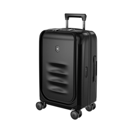 Black hardshell carry-on suitcase with wheels and a retractable handle.