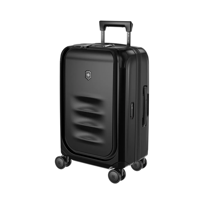 Black hardshell carry-on suitcase with wheels and a retractable handle.