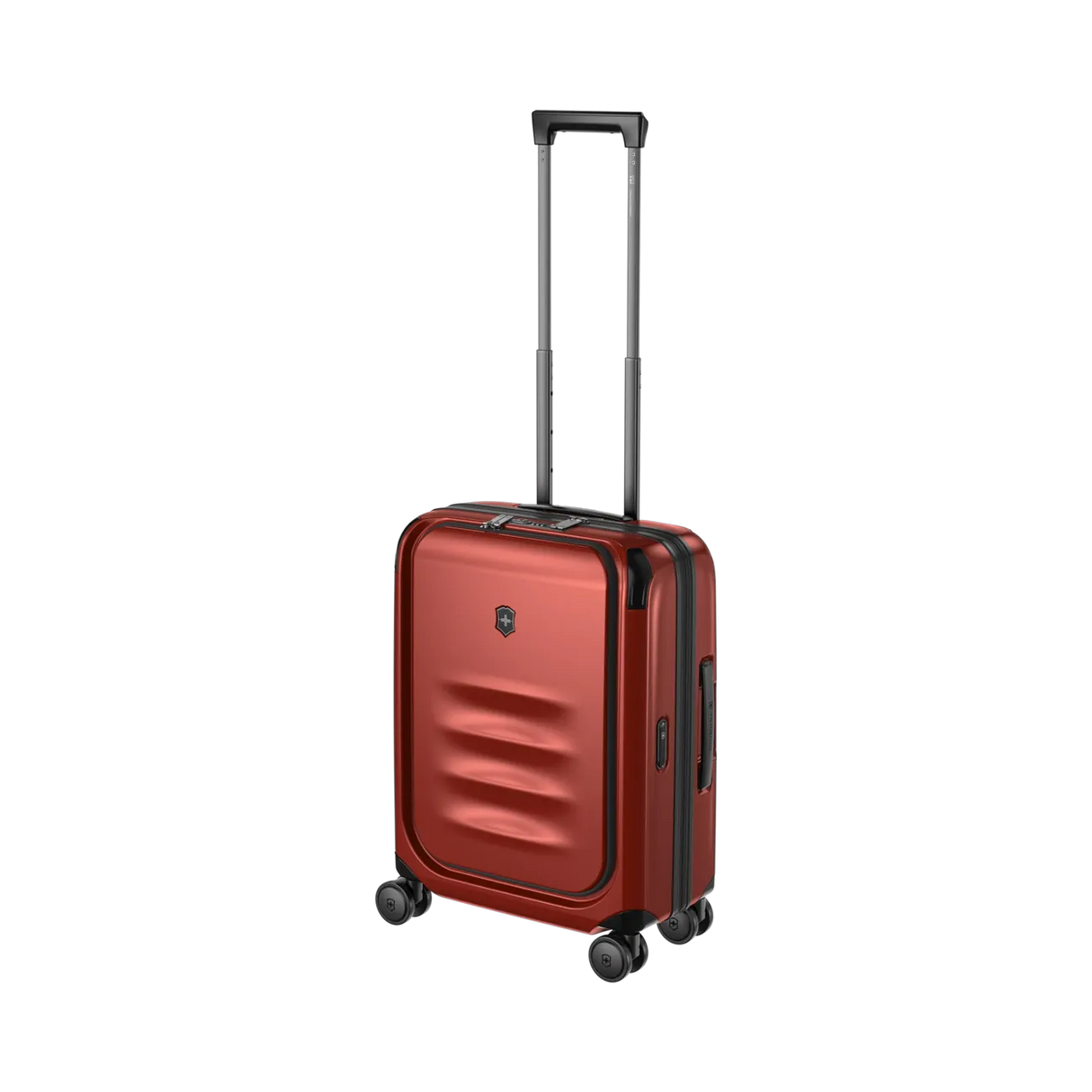 Red hardshell rolling suitcase with an extendable handle and wheels.
