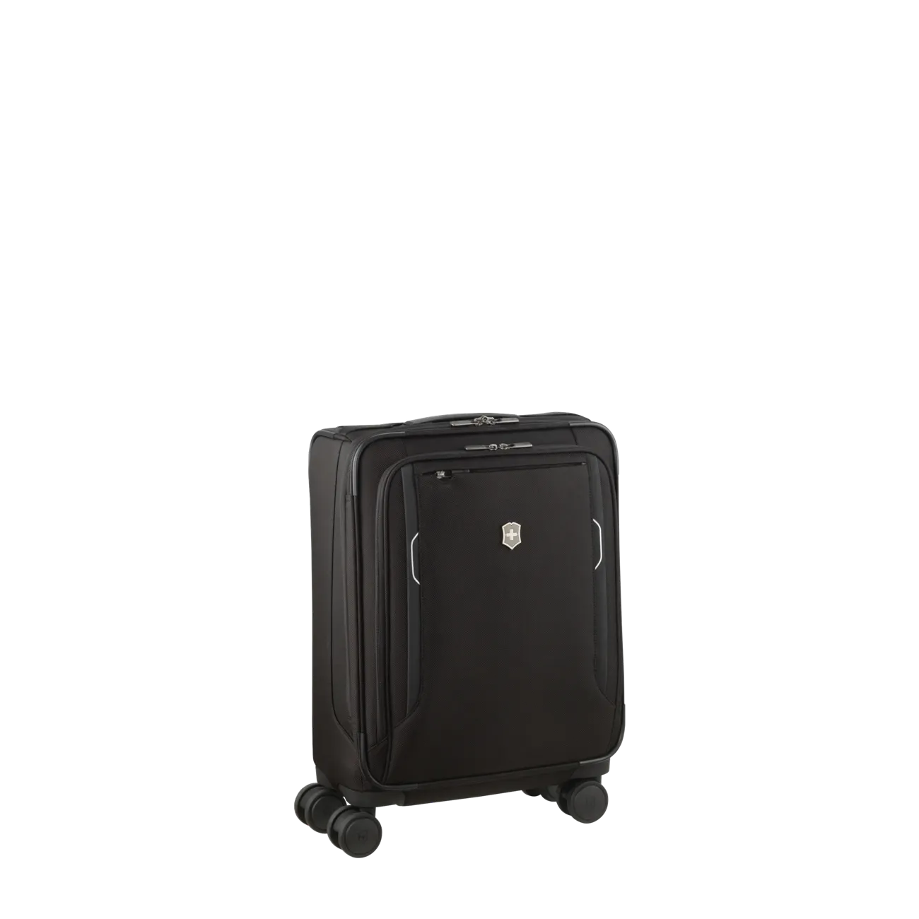 Black wheeled carry-on suitcase with front pocket.