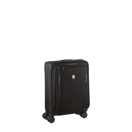 Black wheeled carry-on suitcase with front pocket.