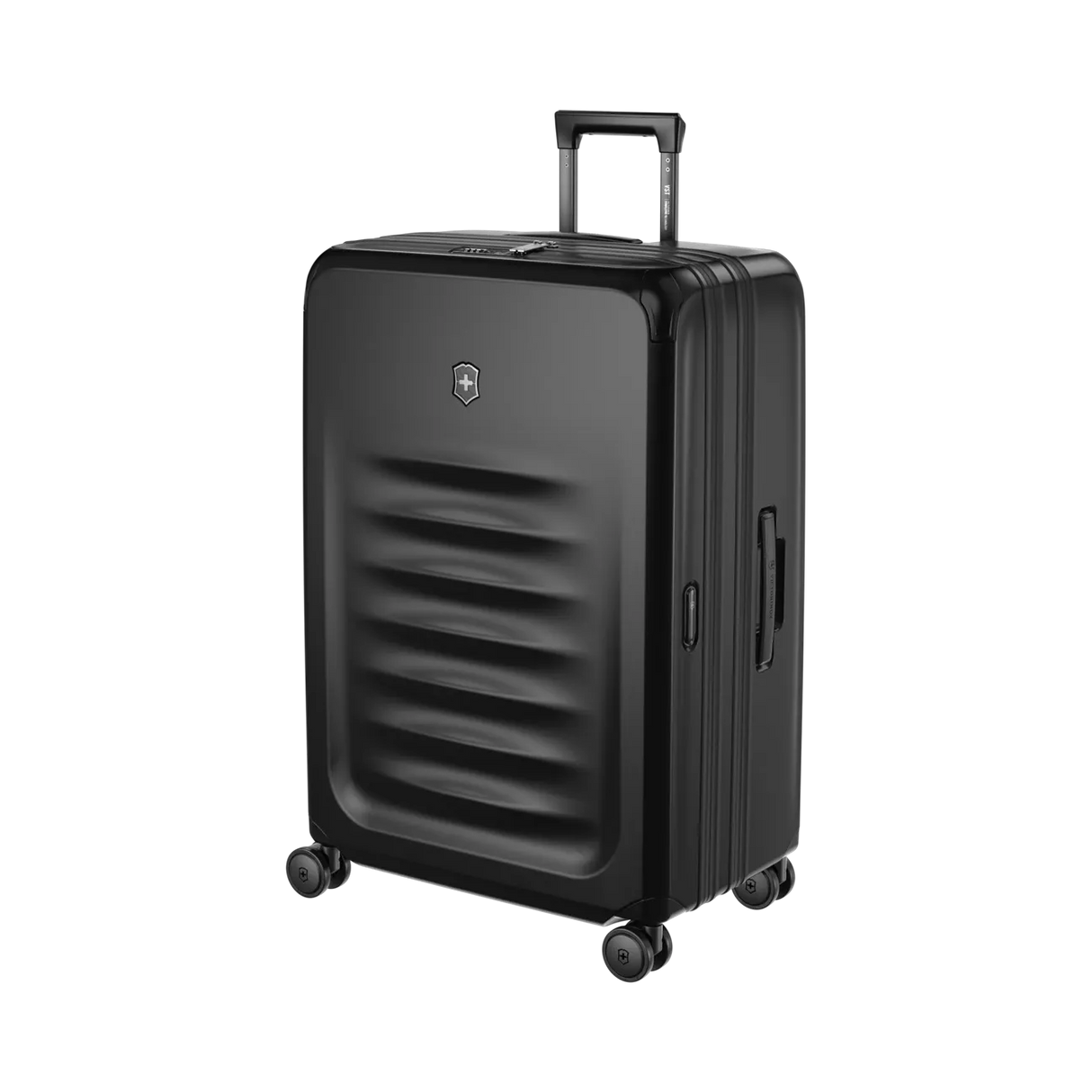 Black hardshell rolling suitcase with horizontal ridges on the front.