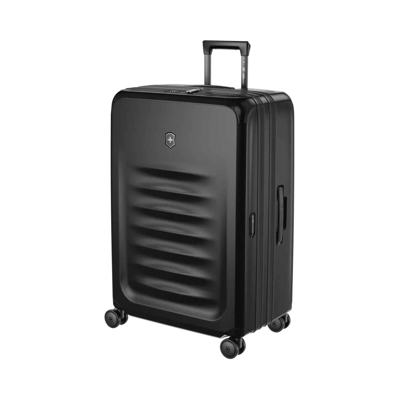 Black hardshell rolling suitcase with horizontal ridges on the front.