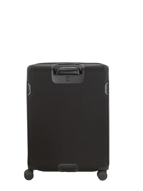 Black rolling suitcase with four wheels and a retractable handle.