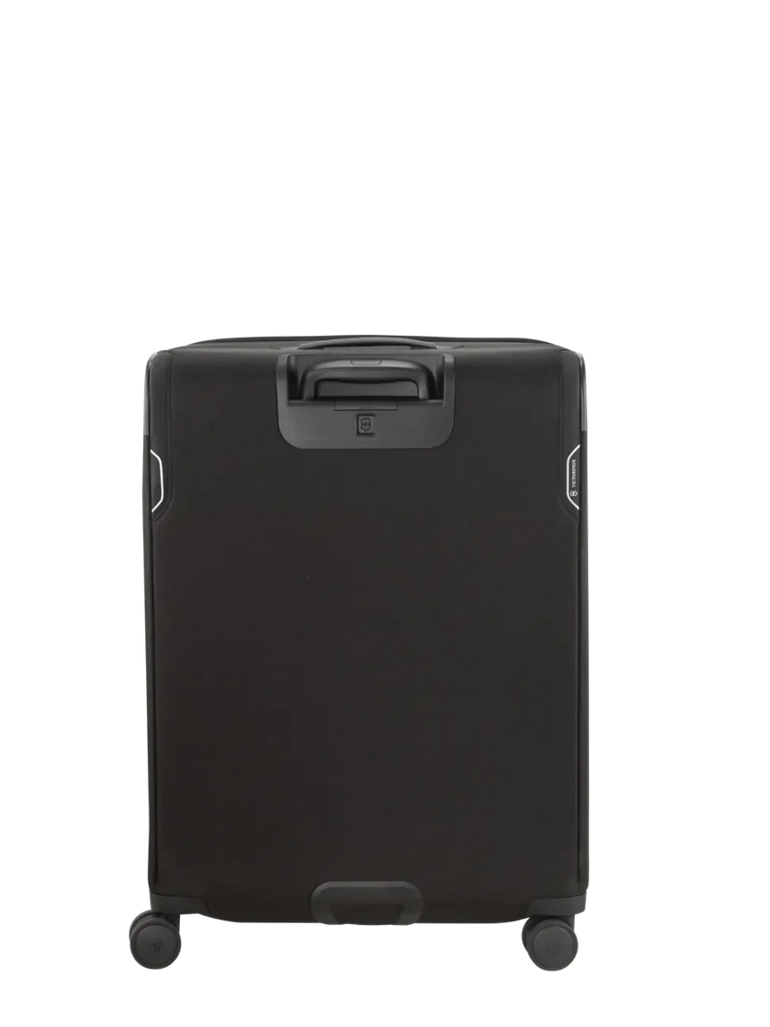 Black rolling suitcase with four wheels and a retractable handle.