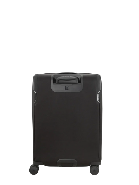 Black rolling suitcase with a retractable handle and wheels.