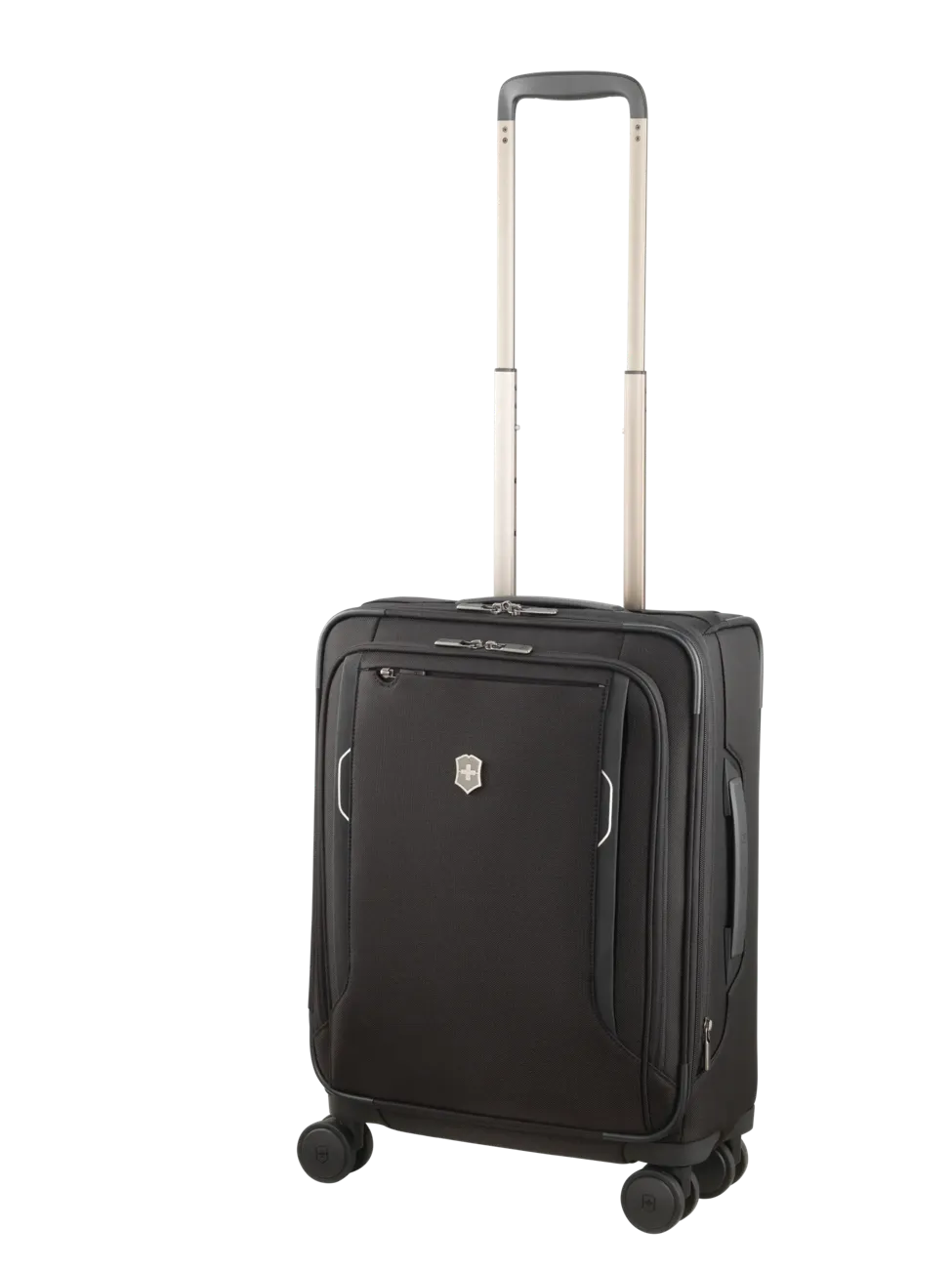 Black wheeled carry-on suitcase with an extendable handle.