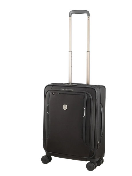 Black wheeled carry-on suitcase with an extendable handle.