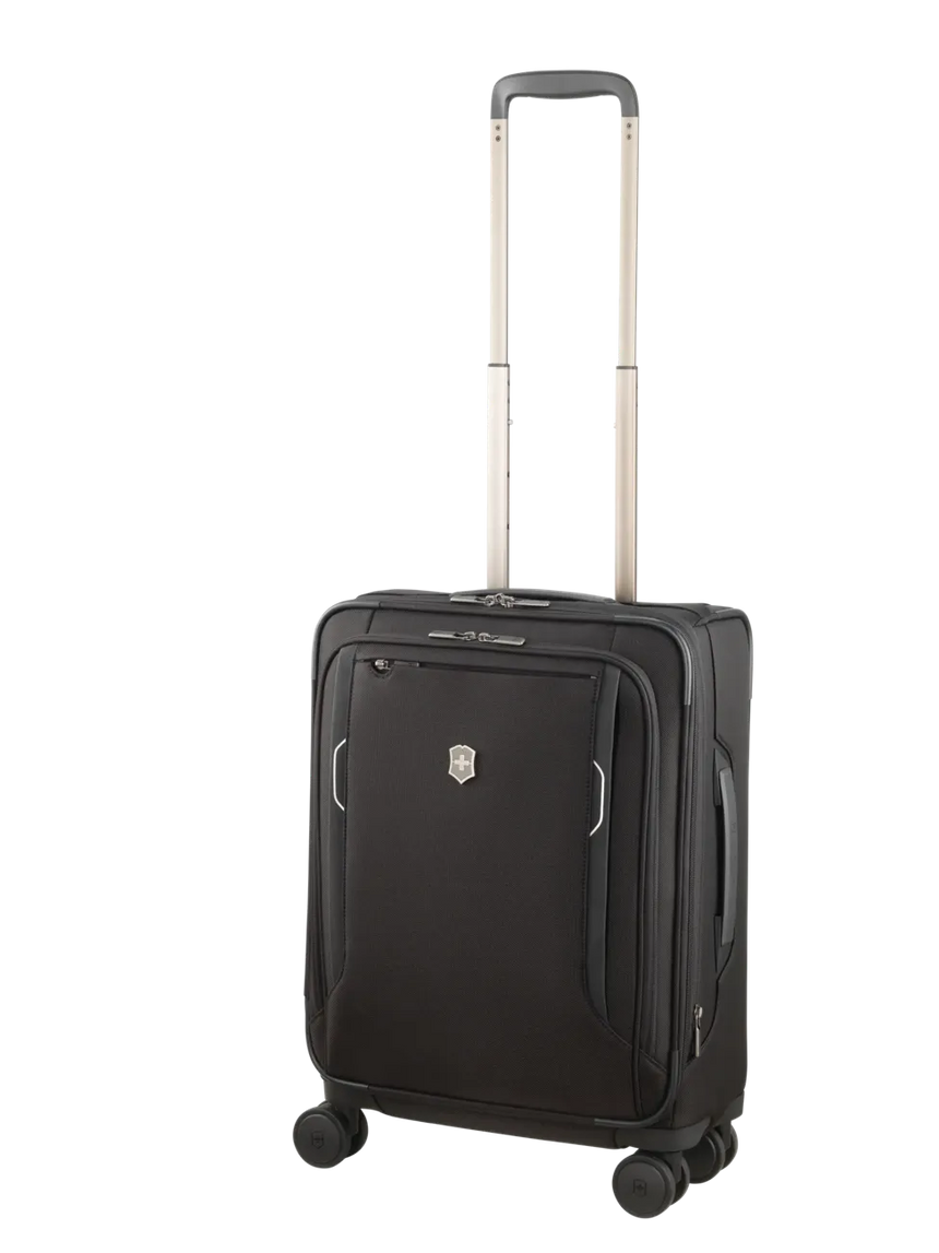 Black wheeled carry-on suitcase with an extendable handle.