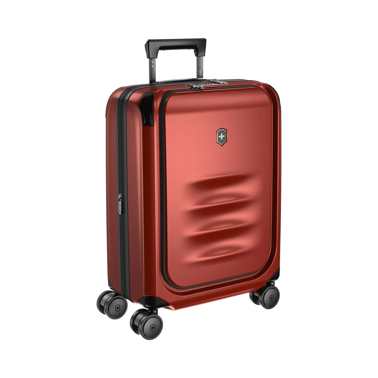 Red hardshell rolling suitcase with a retractable handle and spinner wheels.