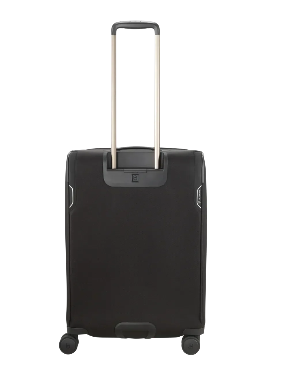 Black rolling suitcase with an extendable handle.