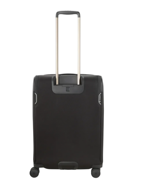 Black rolling suitcase with an extendable handle.