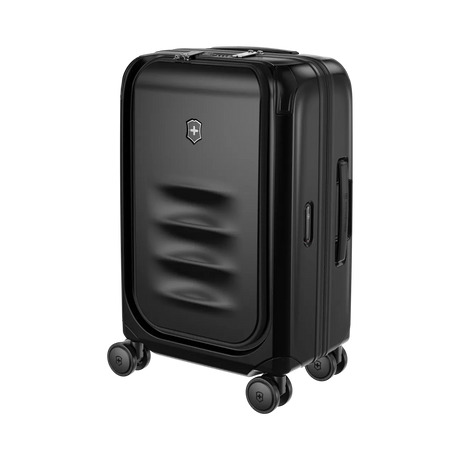 Black hardshell carry-on suitcase with wheels and a Victorinox logo.
