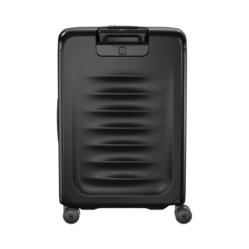 Black hardshell rolling suitcase with horizontal ridges on the front.