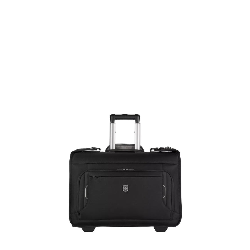 Black rolling carry-on luggage with a retractable handle.