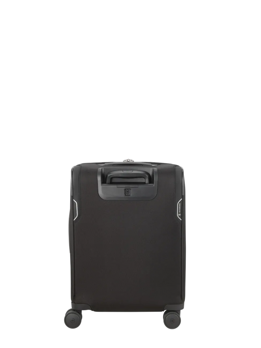 Black wheeled carry-on suitcase with retractable handle.