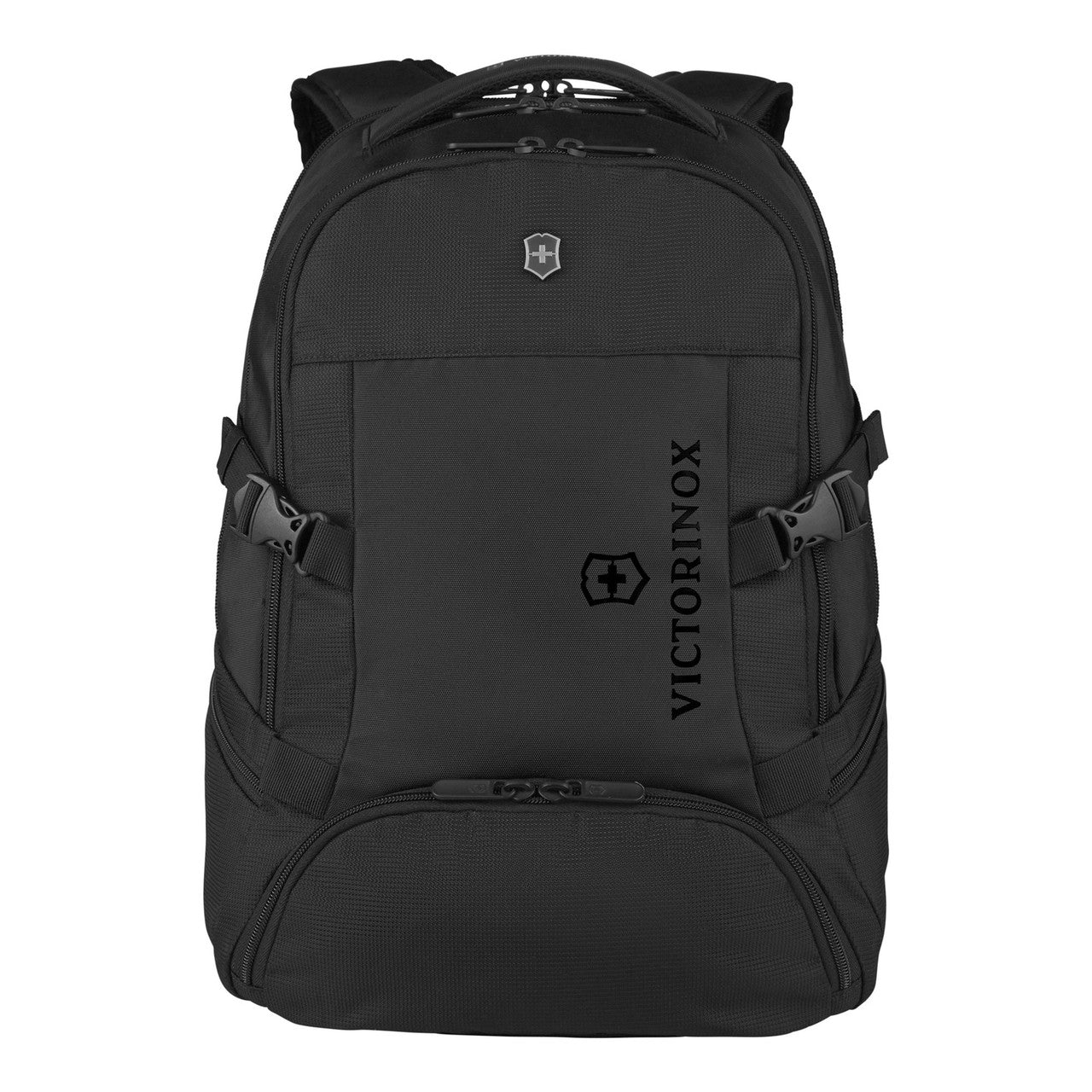 Black Victorinox backpack with multiple compartments and straps.