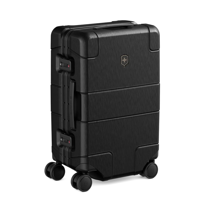 Black hardshell rolling suitcase with horizontal ridges and a logo.
