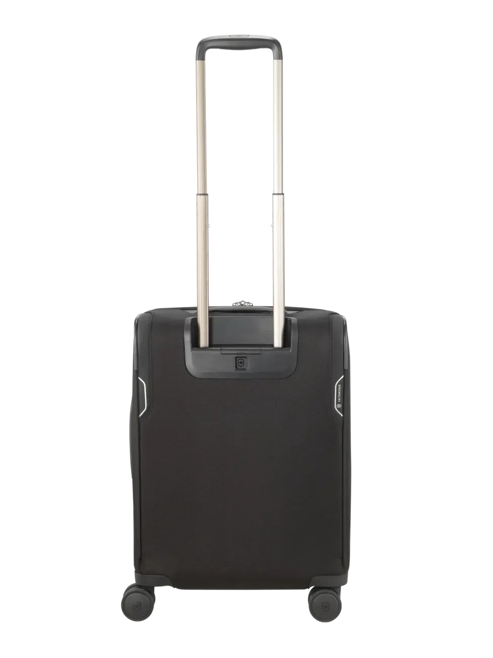 Black wheeled carry-on suitcase with an extendable handle.