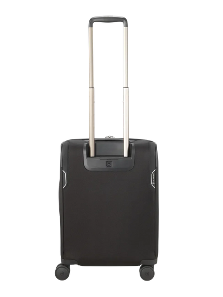 Black wheeled carry-on suitcase with an extendable handle.