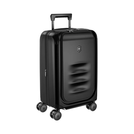 Black hardshell rolling suitcase with a retractable handle and four wheels.