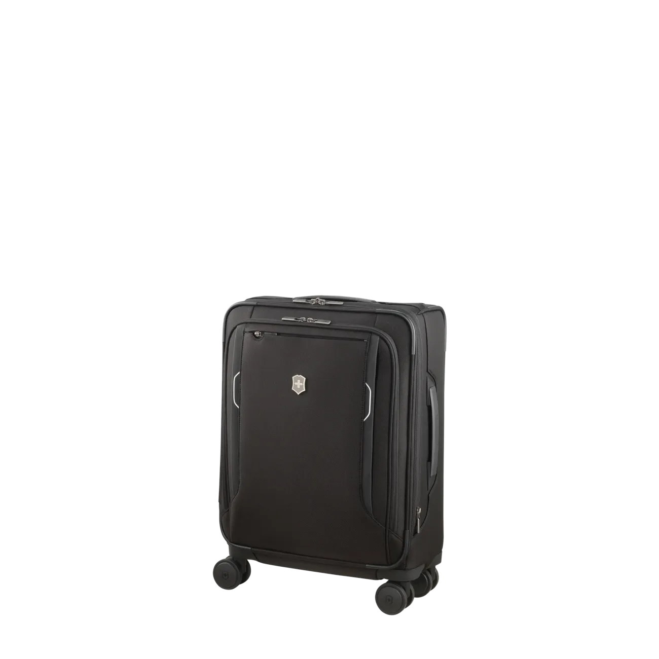 Black wheeled carry-on suitcase with multiple compartments and a sleek design.