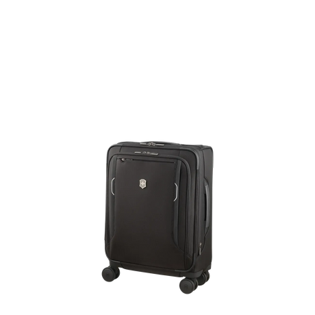 Black wheeled carry-on suitcase with multiple compartments and a sleek design.