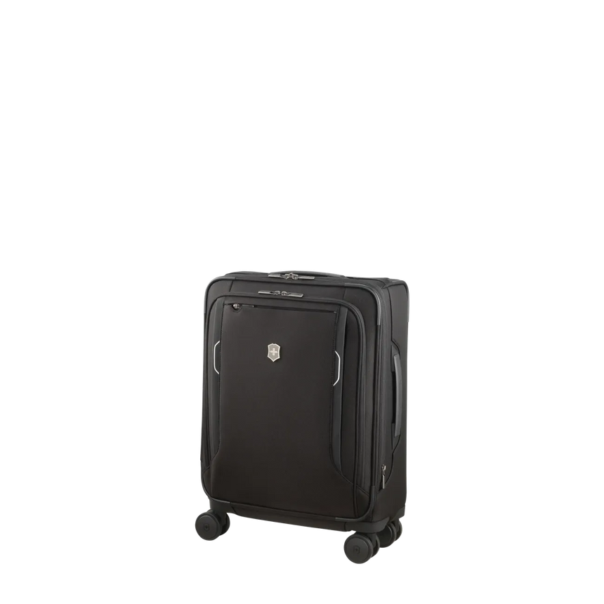Black wheeled carry-on suitcase with multiple compartments and a sleek design.