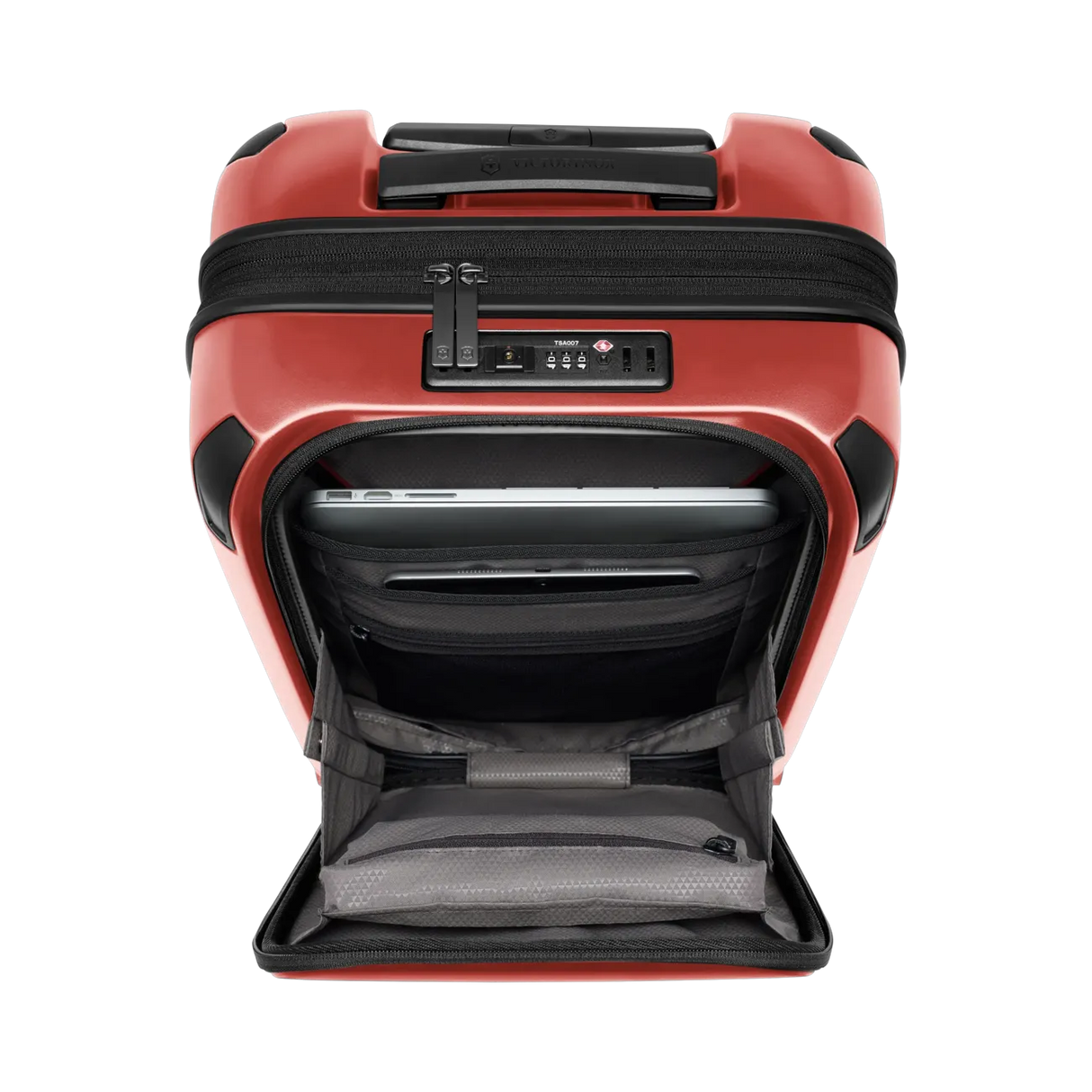 Red hardshell suitcase with an open front compartment and a combination lock.