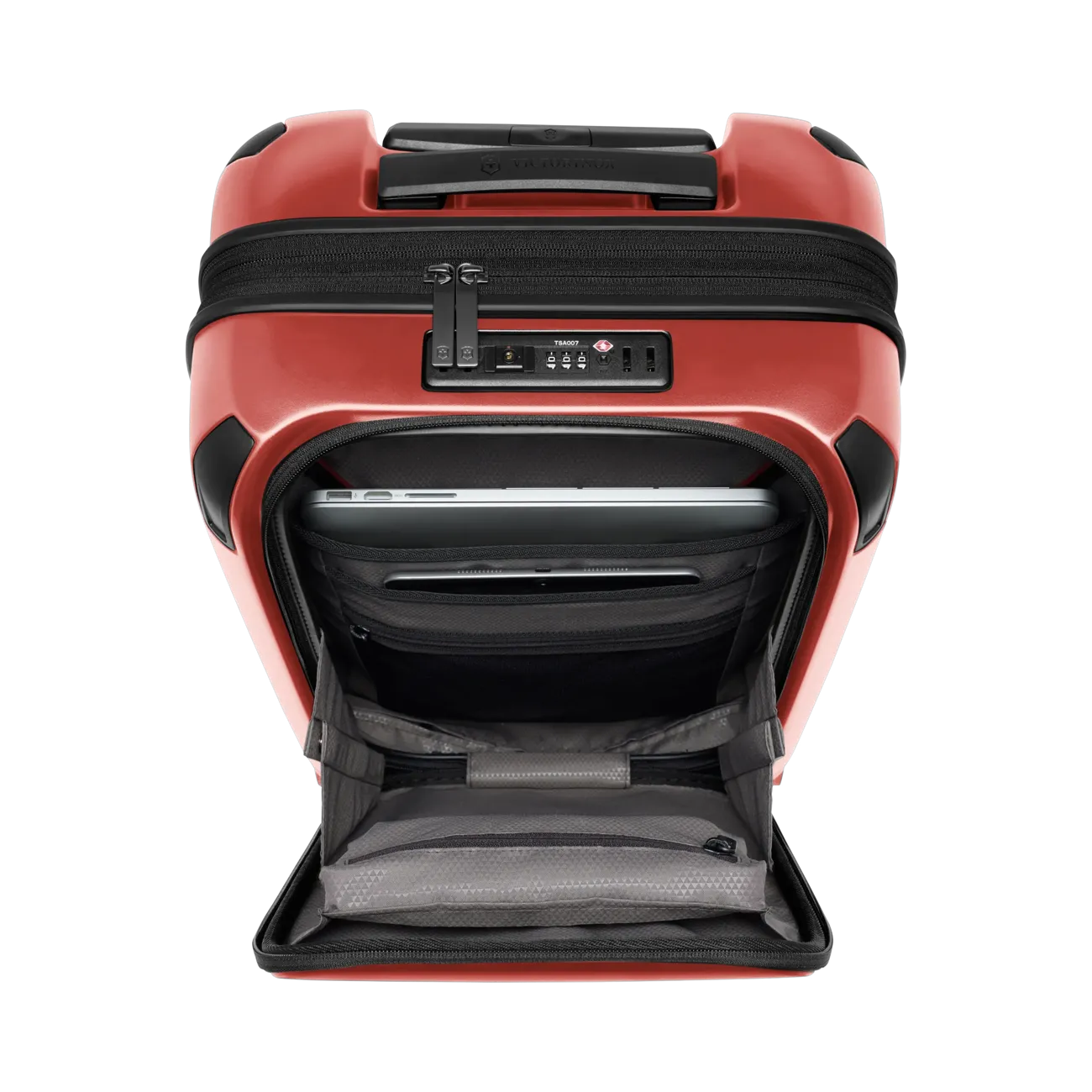 Red hardshell suitcase with an open front compartment and a combination lock.
