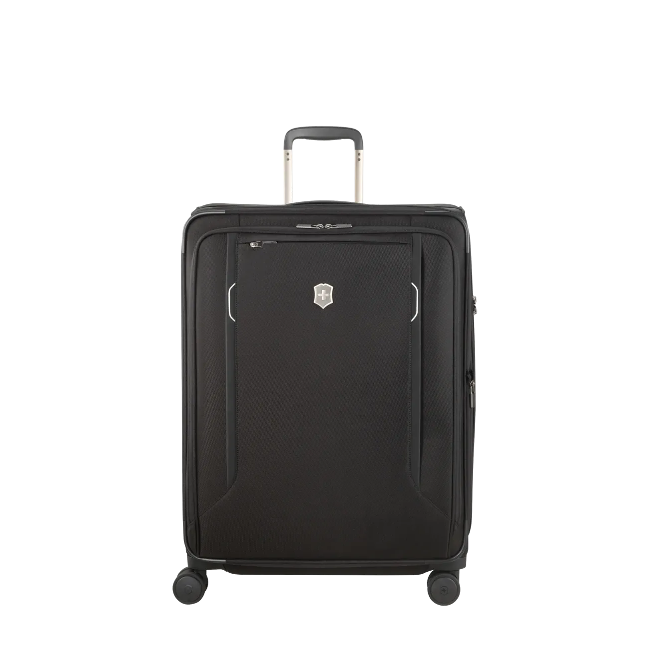 Black wheeled suitcase with a retractable handle and a logo on the front.