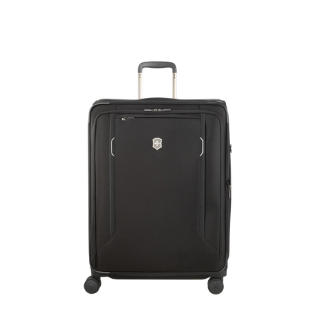 Black wheeled suitcase with a retractable handle and a logo on the front.