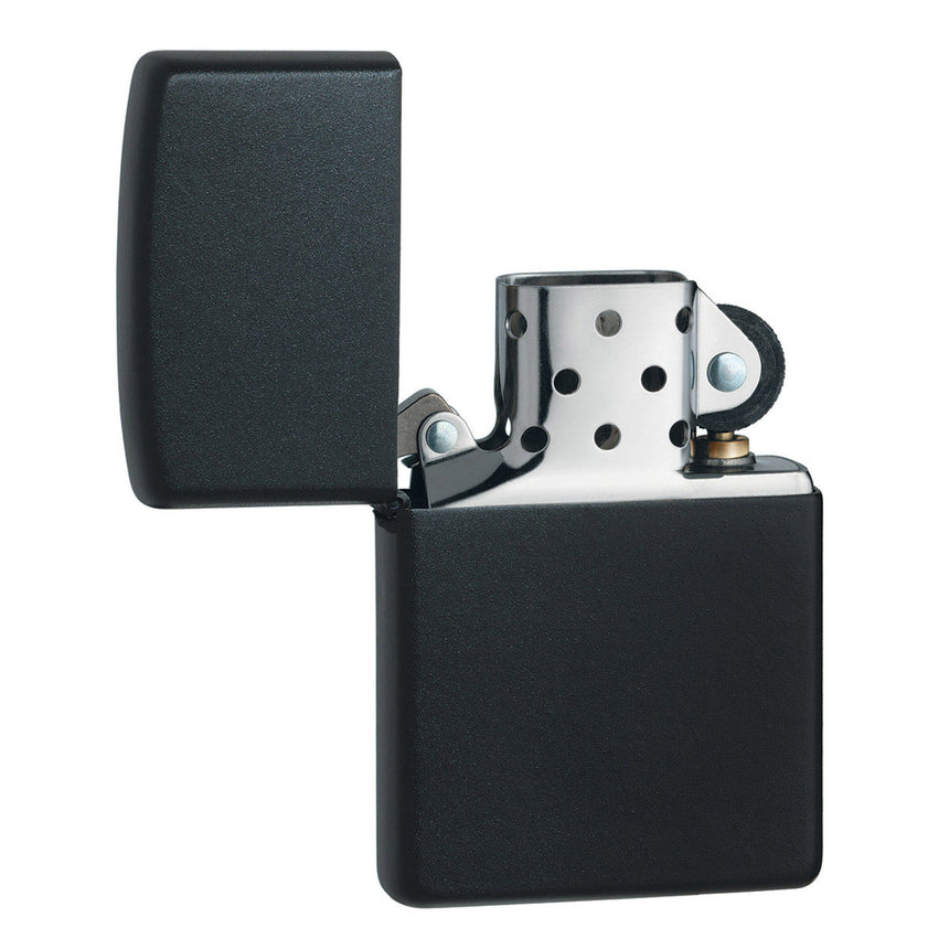 Matte black metal lighter with an open lid revealing the internal mechanism.