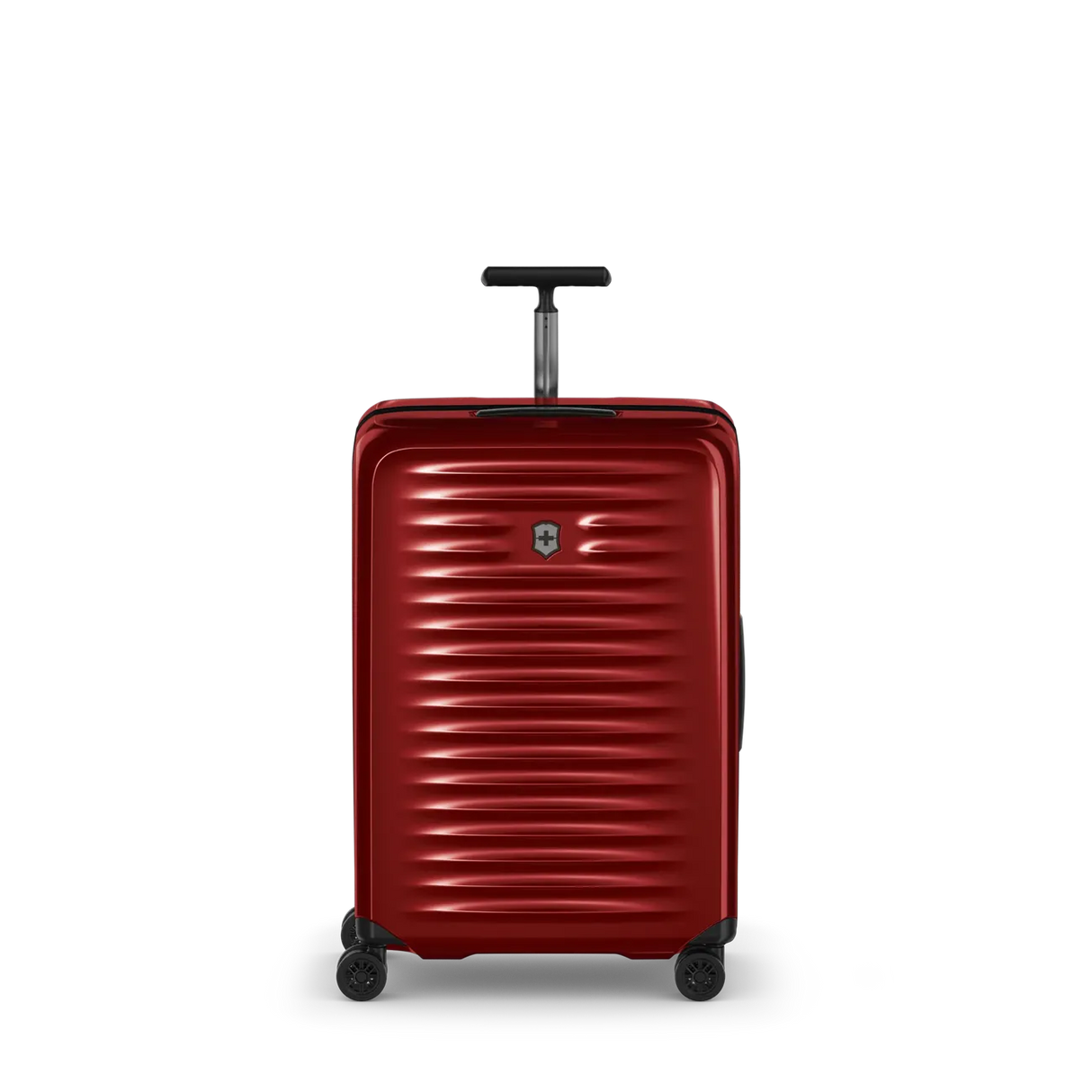 Red hardshell rolling suitcase with horizontal ridges and a retractable handle.