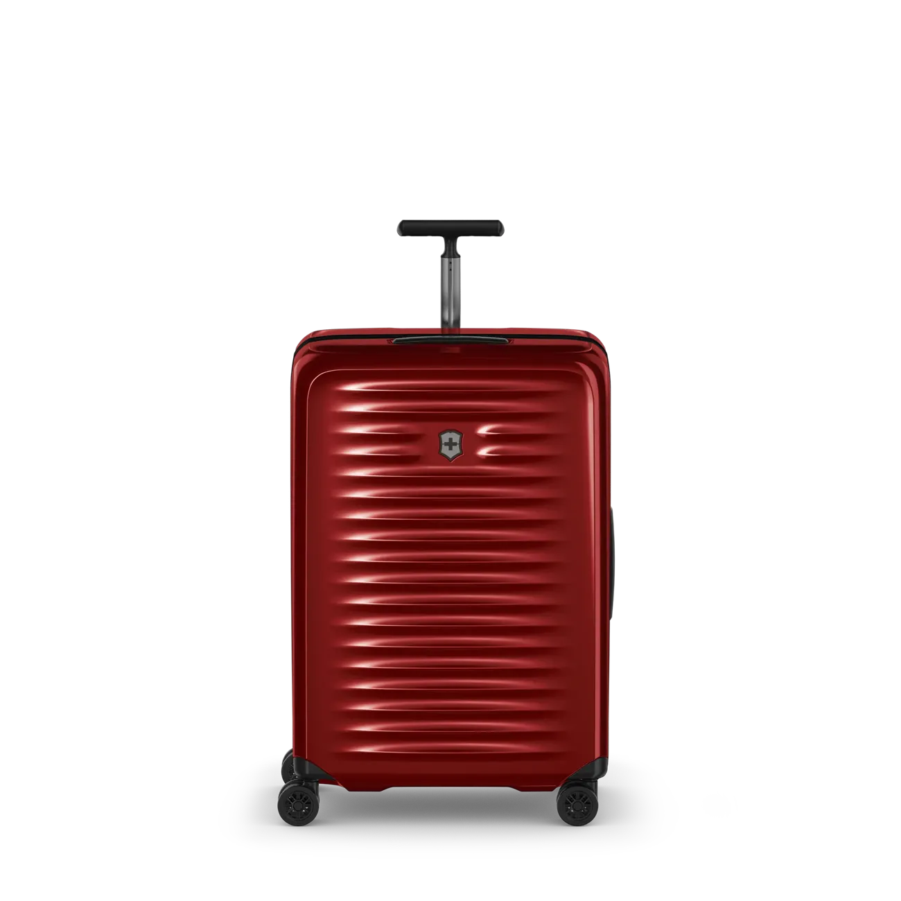 Red hardshell rolling suitcase with horizontal ridges and a retractable handle.