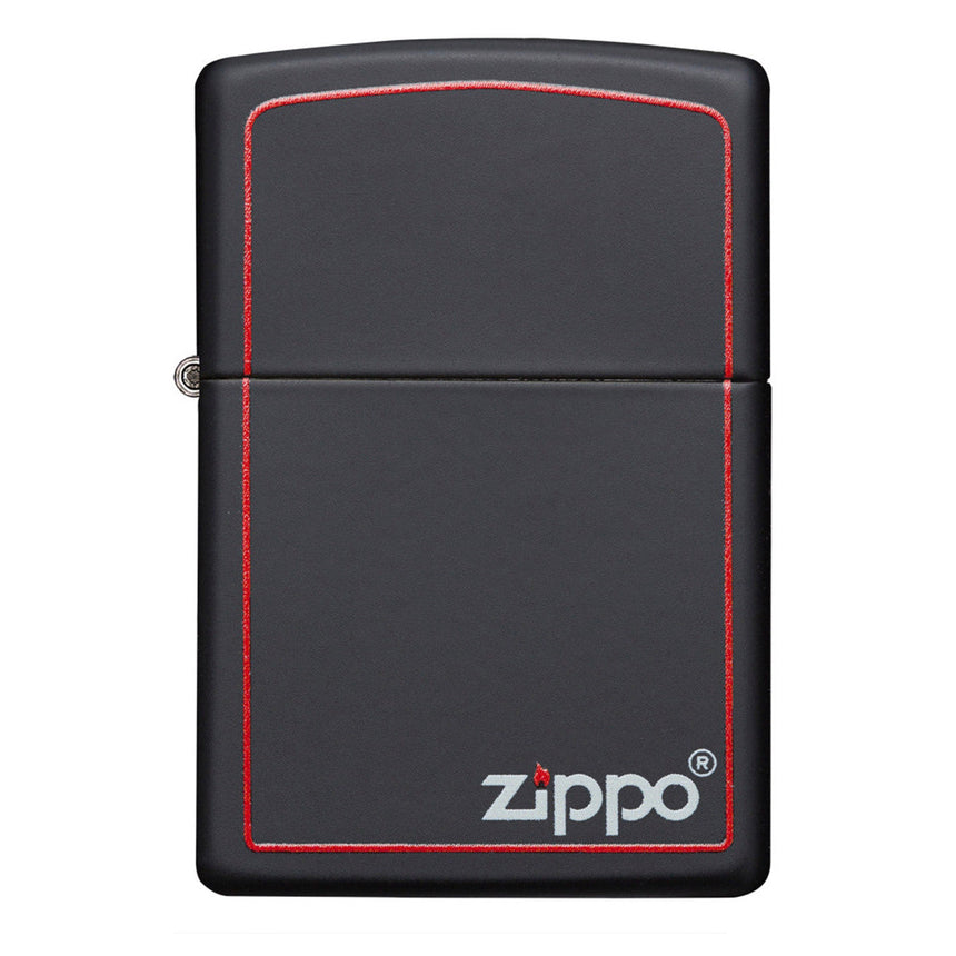 Black Zippo lighter with red border and white logo.