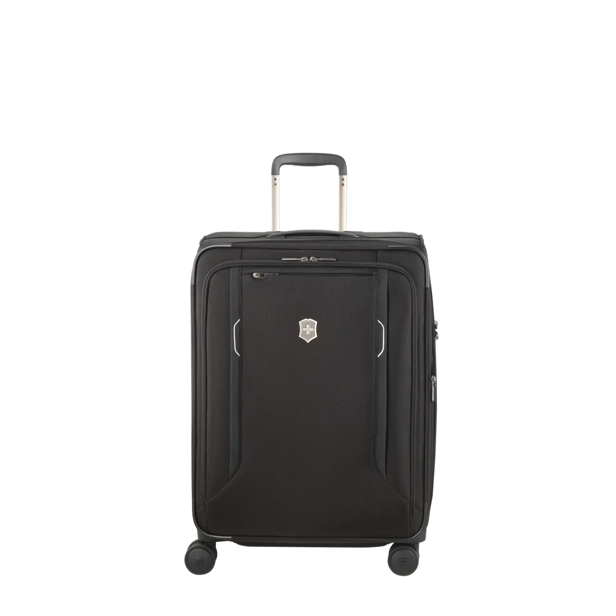 Black wheeled suitcase with a retractable handle and zipper compartments.