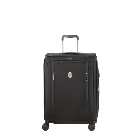 Black wheeled suitcase with a retractable handle and zipper compartments.
