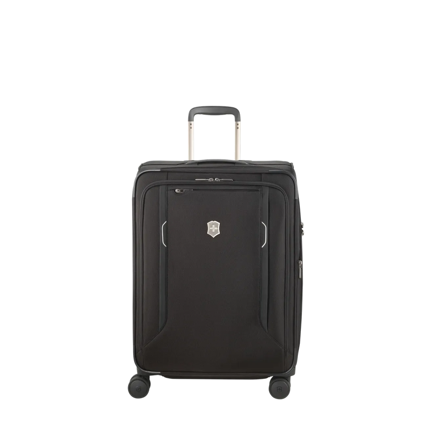 Black wheeled suitcase with a retractable handle and zipper compartments.