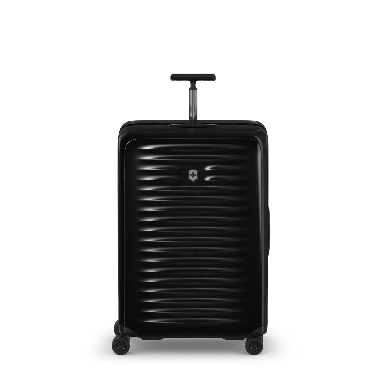 Black hardshell rolling suitcase with horizontal ribbed texture and extendable handle.
