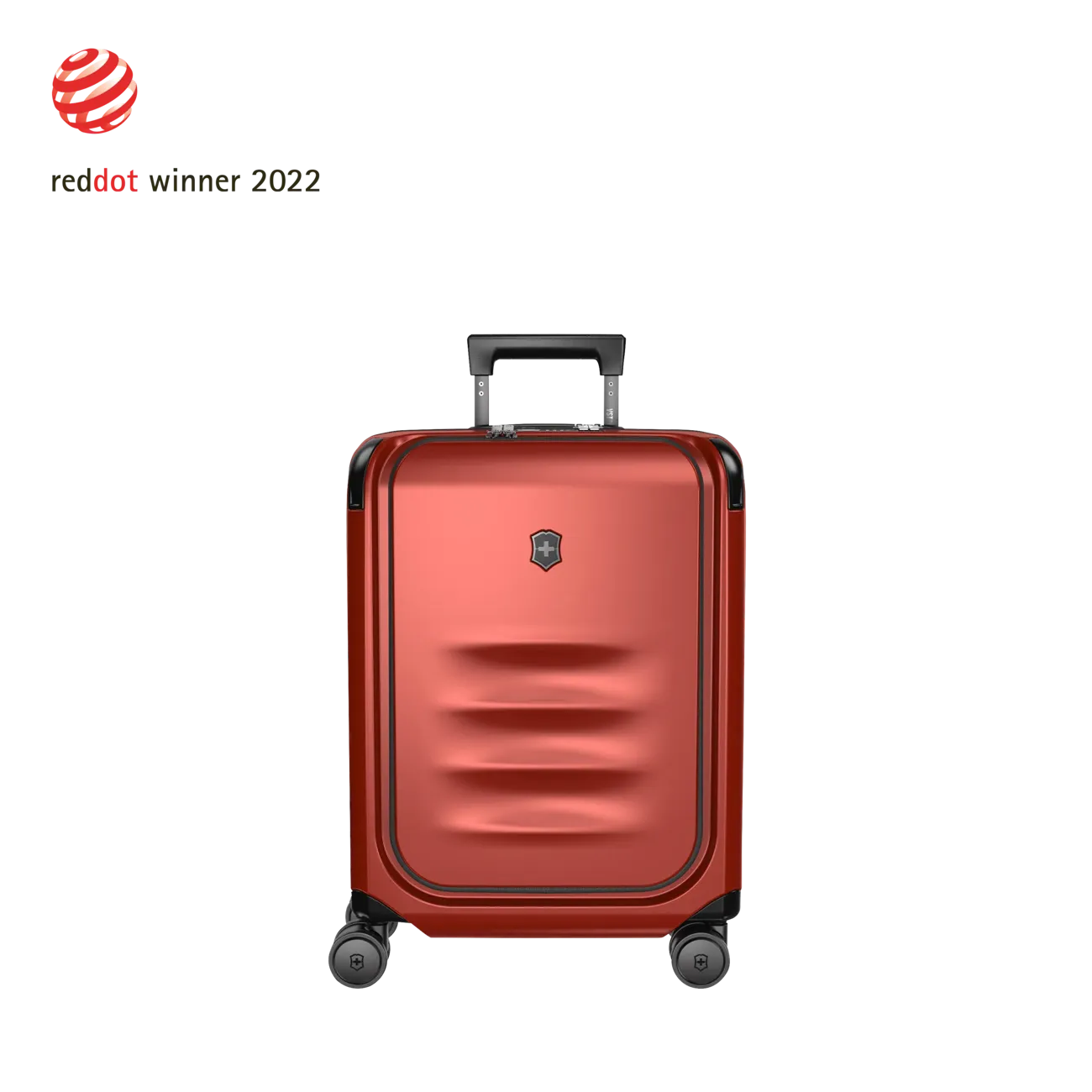 Red hardshell rolling suitcase with horizontal ridges on the front.