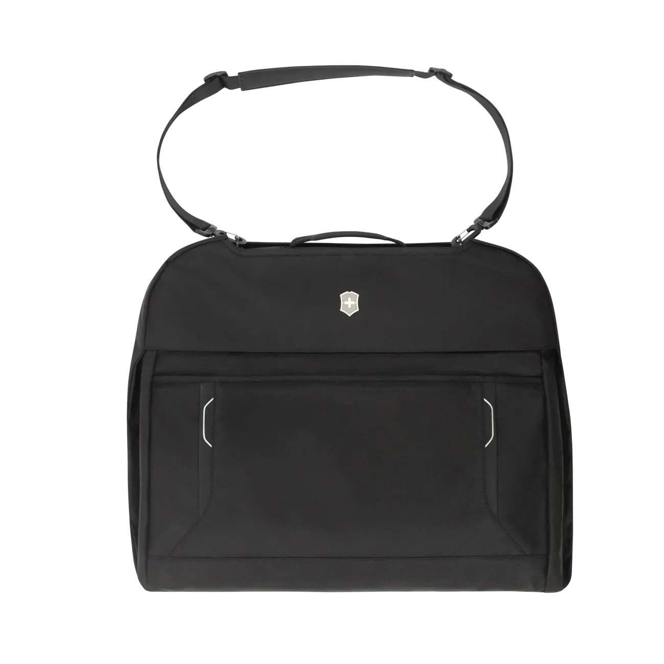 Black handbag with a top handle and front pockets.