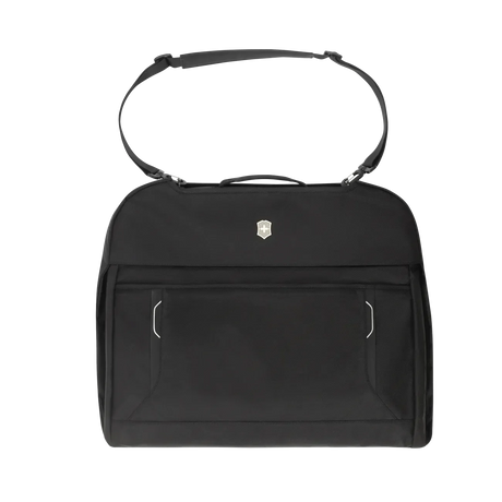 Black handbag with a top handle and front pockets.
