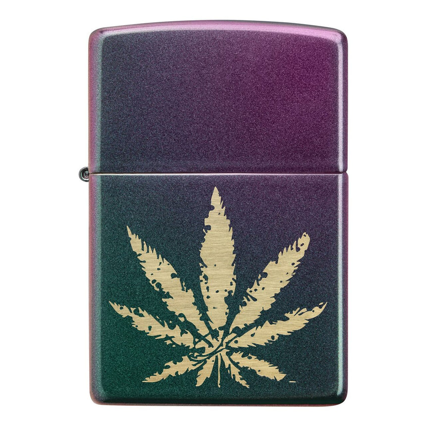 Zippo-style lighter with a marijuana leaf design on a purple-green gradient background.