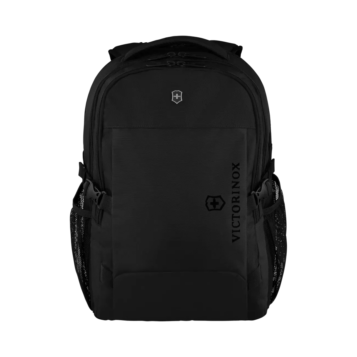 Black backpack with multiple compartments and side pockets.