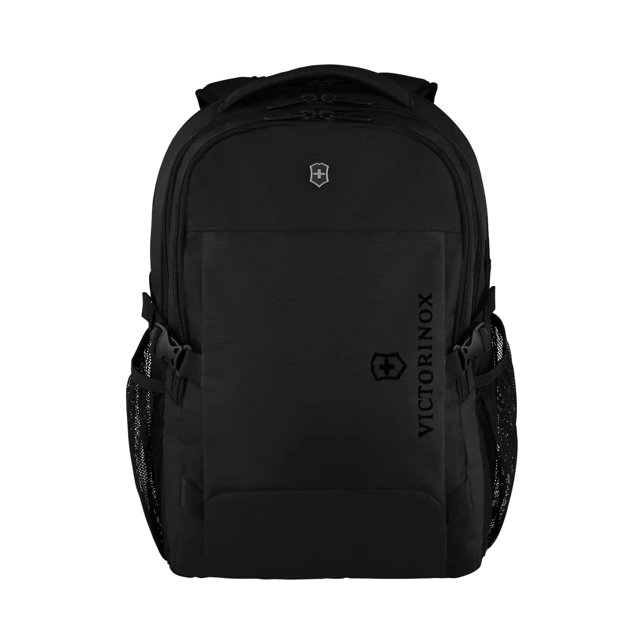 Black backpack with multiple compartments and side pockets.